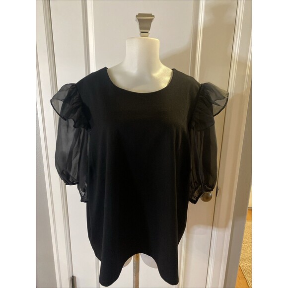 English Factory Black Puff Sheer Sleeve Top‎ Size 3X Key Hole Back Round Neck - Picture 1 of 13